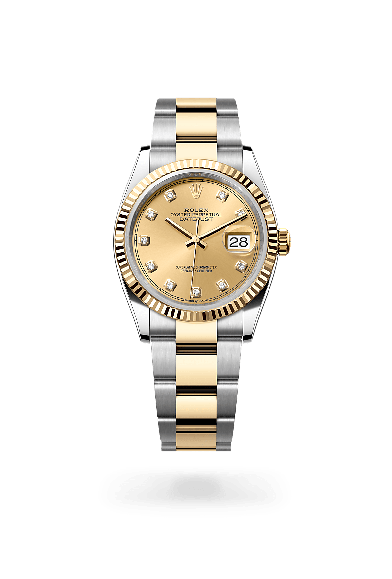 옐로우 롤레조 – 오이스터스틸과 옐로우 골드의 조합 소재의 롤렉스 DATEJUST 정면, M126233-0018 - 그리니치