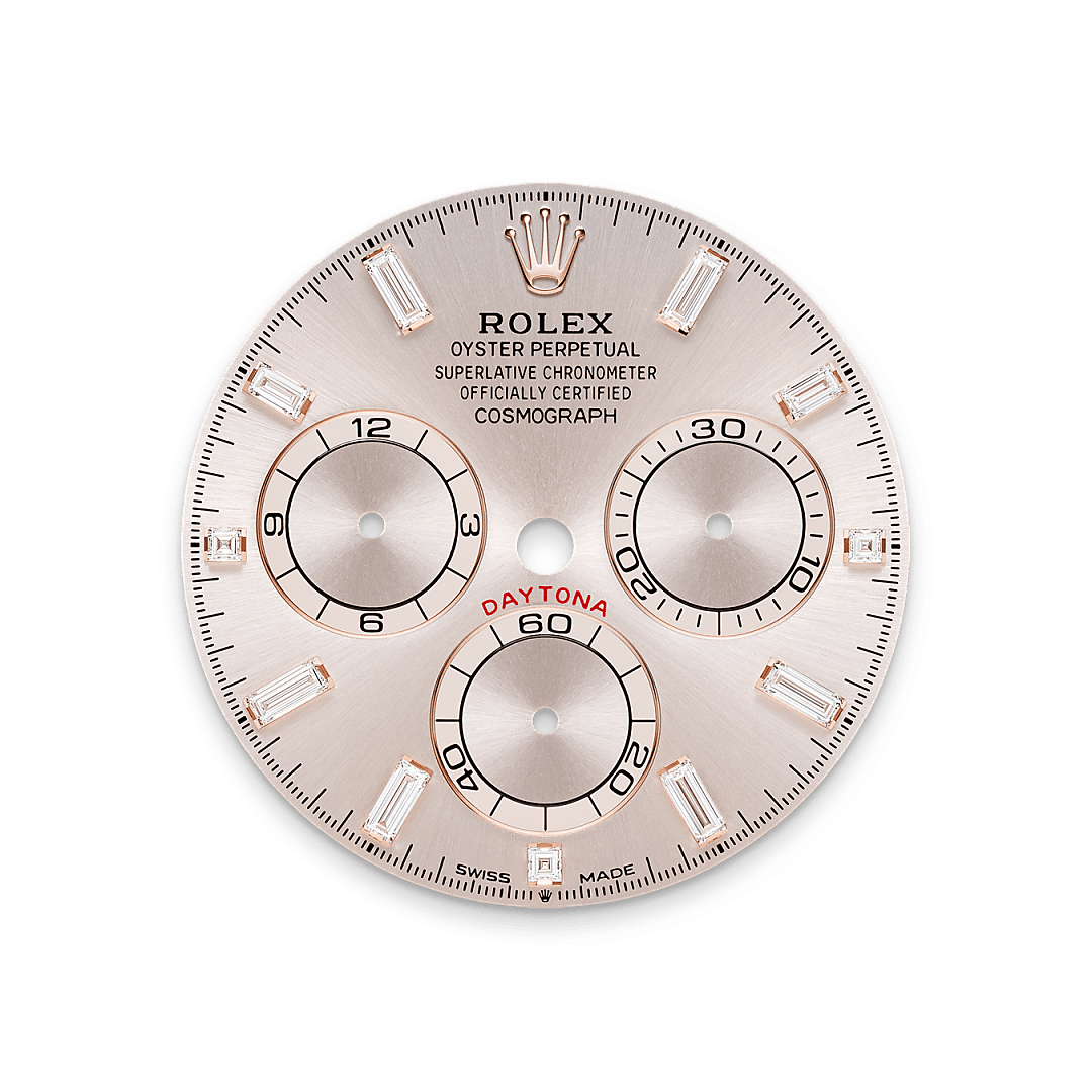 18캐럿 에버로즈 골드, 다이아몬드가 세팅된 러그 소재의 롤렉스 Cosmograph Daytona 다이얼, M126595TBR-0001 - 그리니치