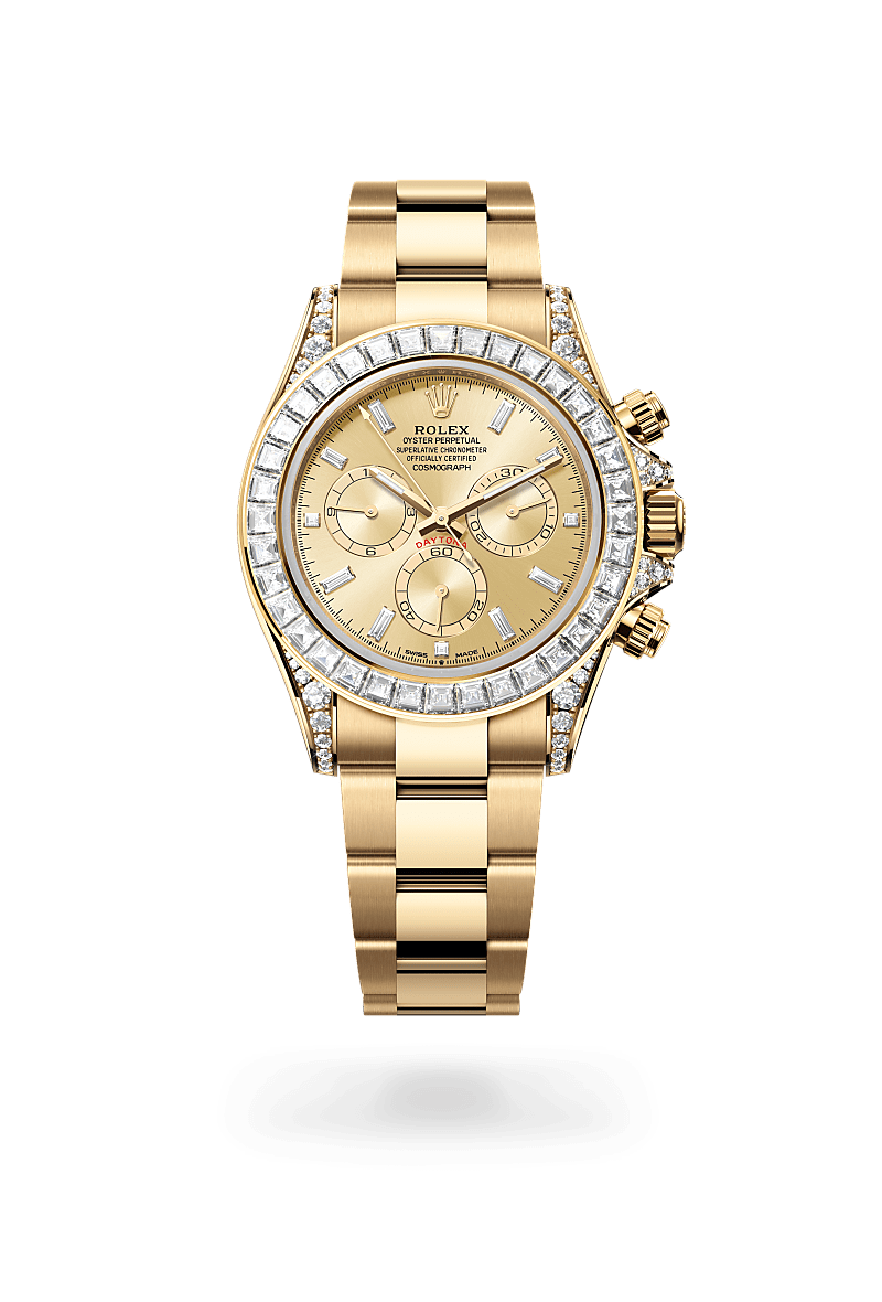 rolex COSMOGRAPH DAYTONA front view in 18 ct yellow gold with lugs set with diamonds, M126598TBR-0001 - Greenwich