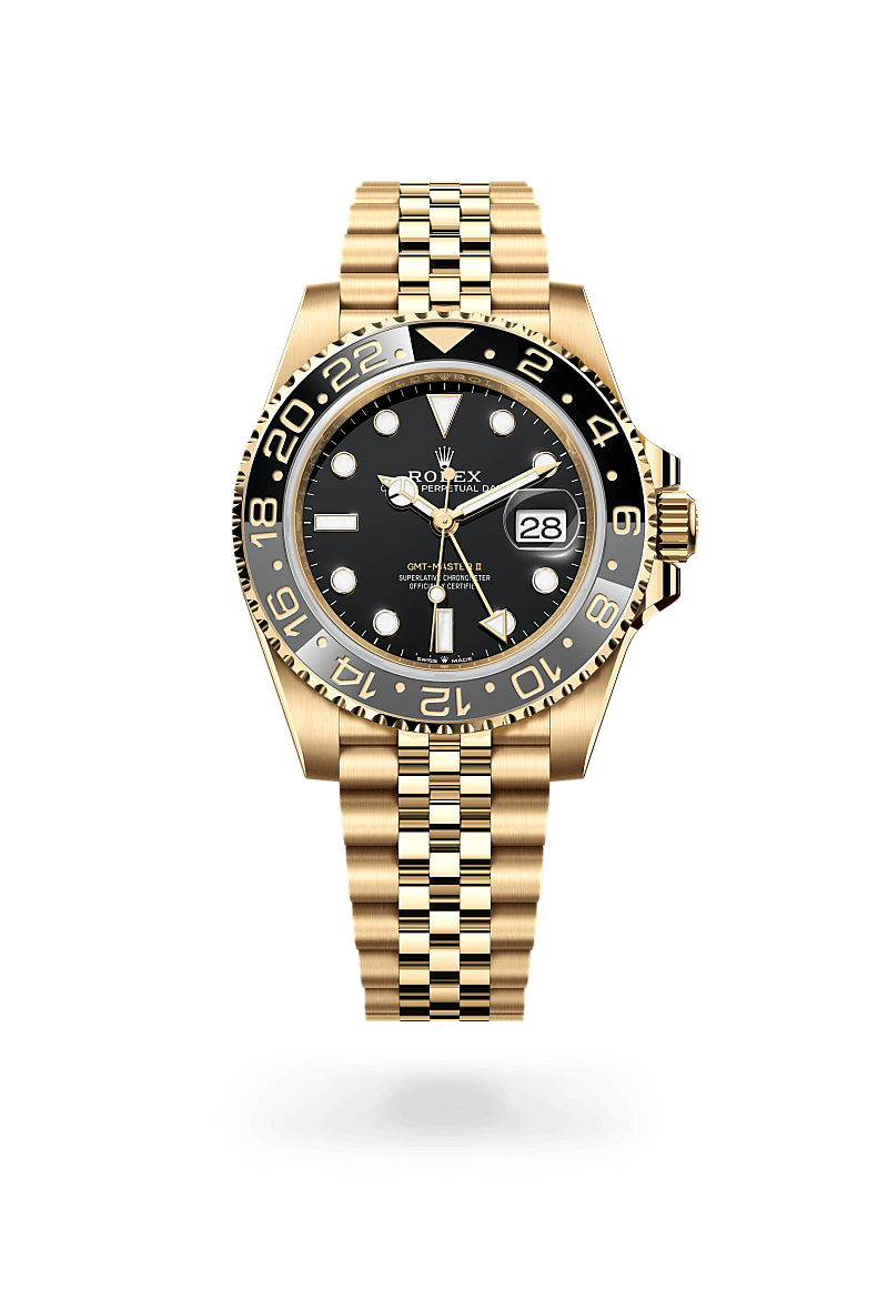 rolex GMT-MASTER II front view in 18 ct yellow gold, M126718GRNR-0001 - Greenwich