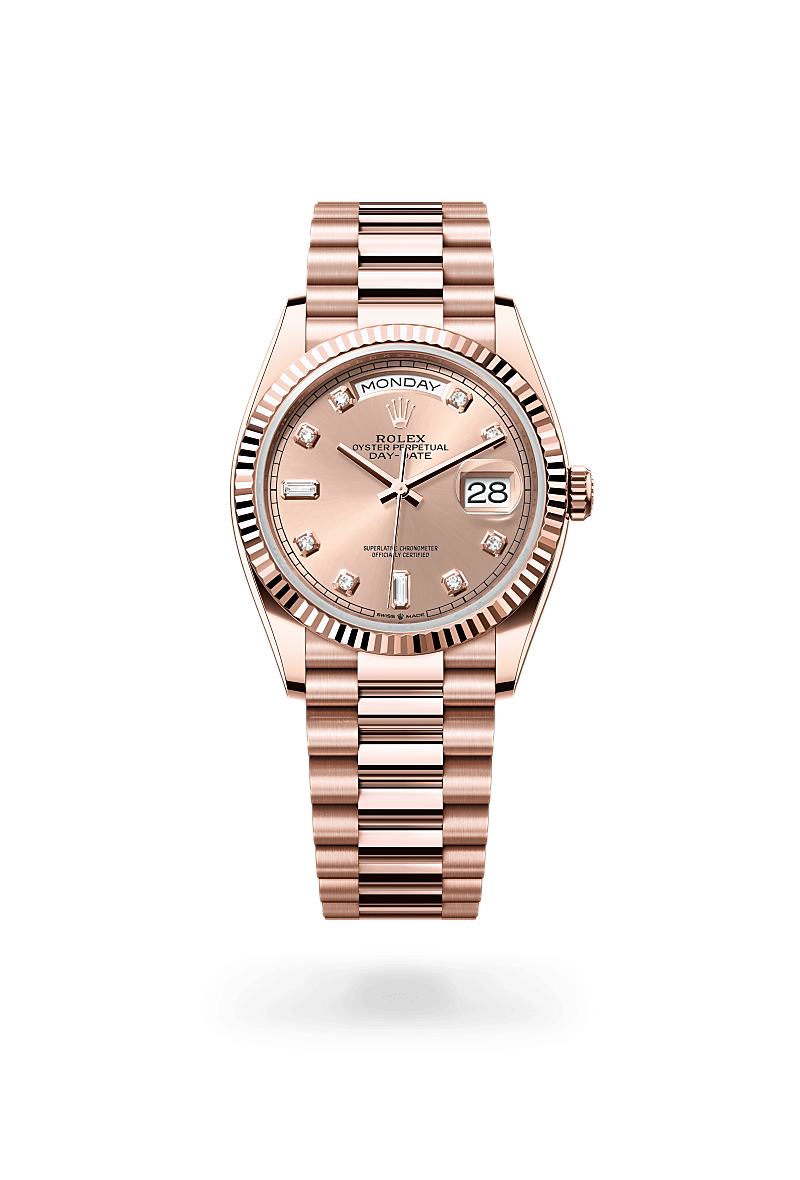 rolex DAY-DATE front view in 18 ct Everose gold, M128235-0009 - Greenwich