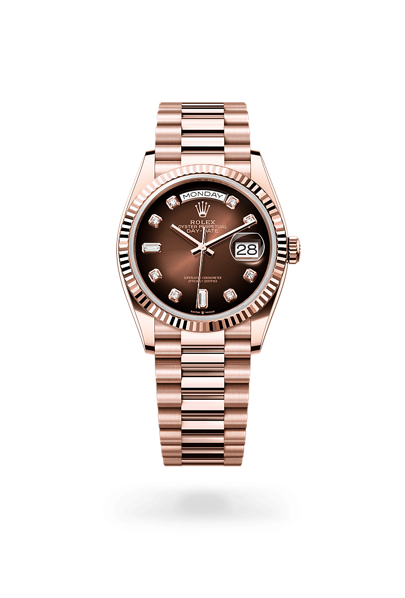 rolex DAY-DATE front view in 18 ct Everose gold, M128235-0037 - Greenwich