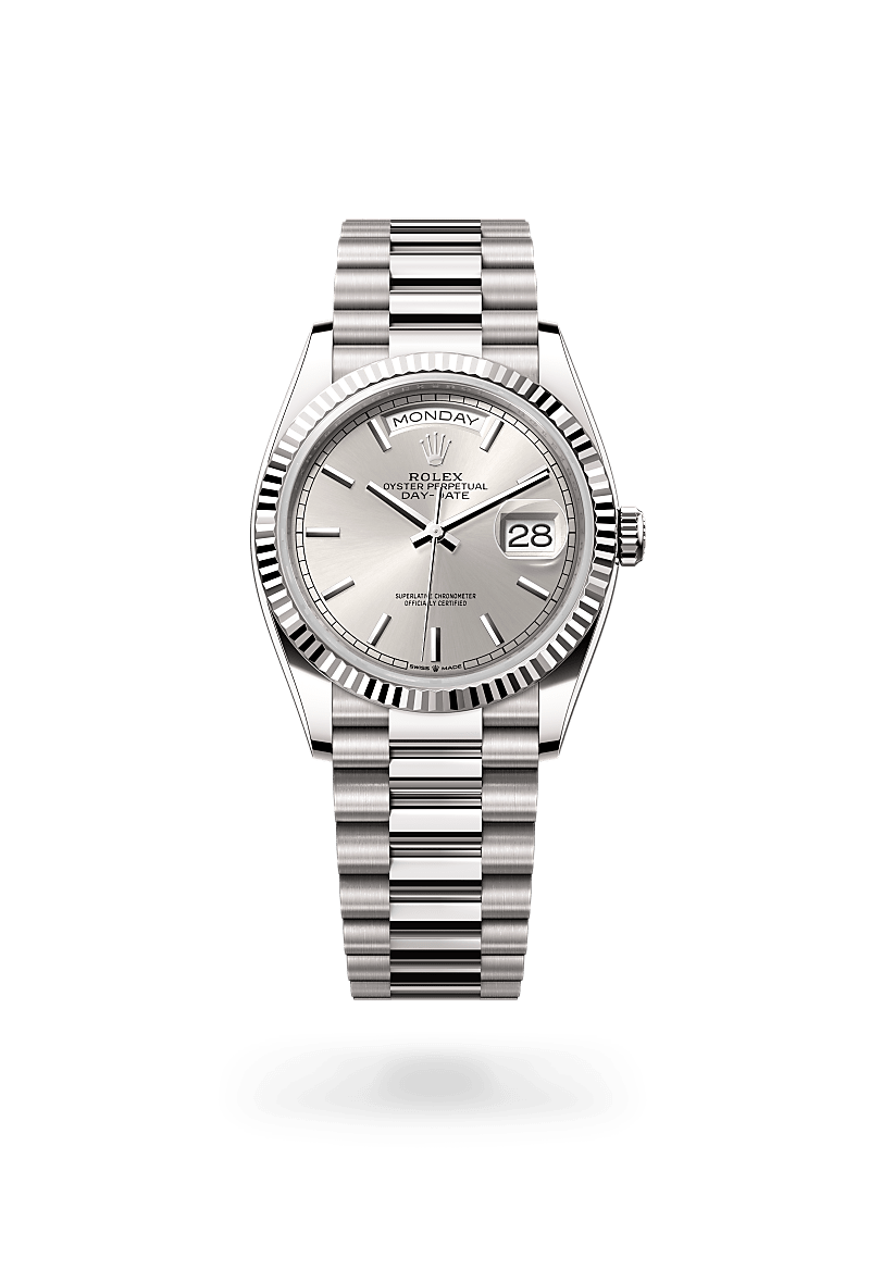 rolex DAY-DATE front view in 18 ct white gold, M128239-0005 - Greenwich