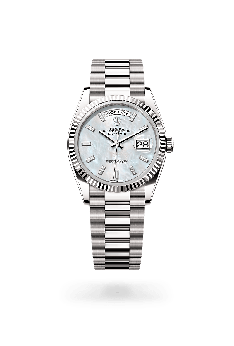 rolex DAY-DATE front view in 18 ct white gold, M128239-0065 - Greenwich