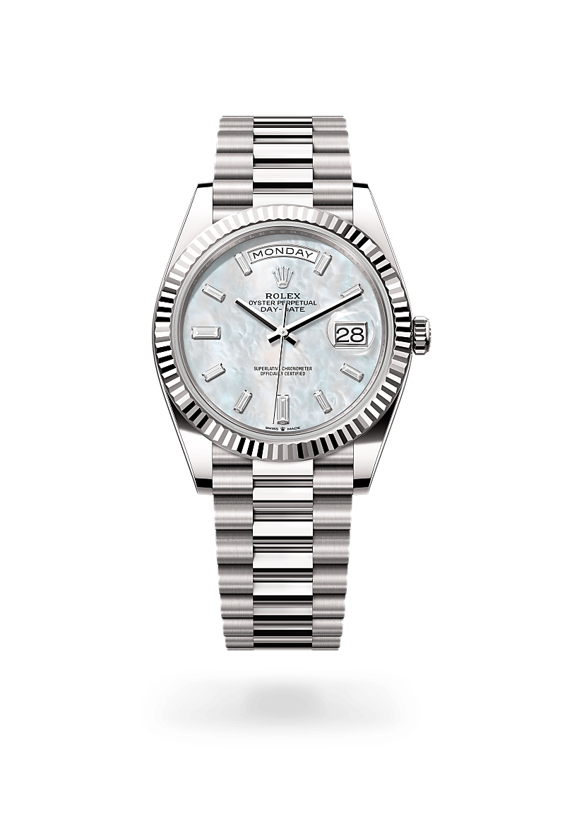 rolex DAY-DATE front view in 18 ct white gold, M228239-0078 - Greenwich