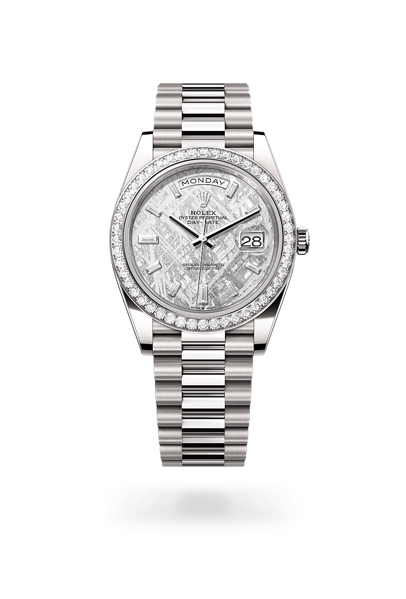 rolex DAY-DATE front view in 18 ct white gold, M228349RBR-0040 - Greenwich