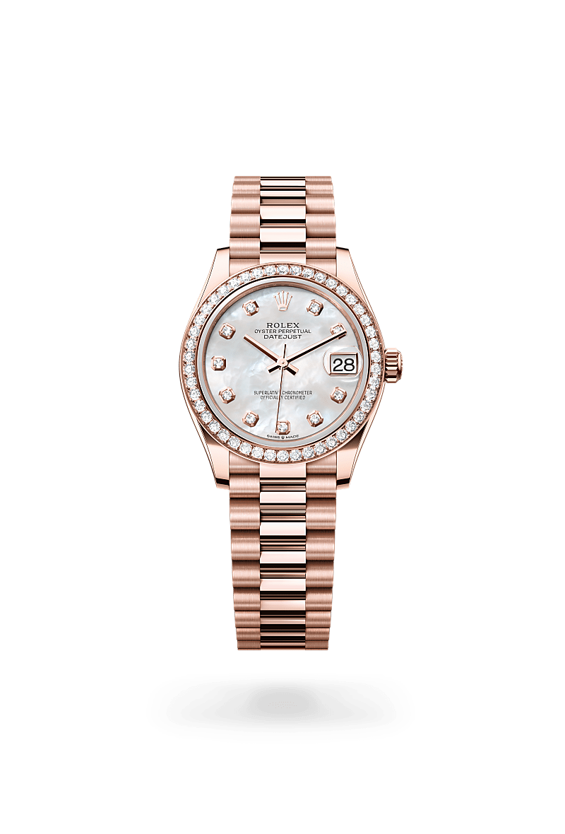 rolex DATEJUST front view in 18 ct Everose gold, M278285RBR-0005 - Greenwich