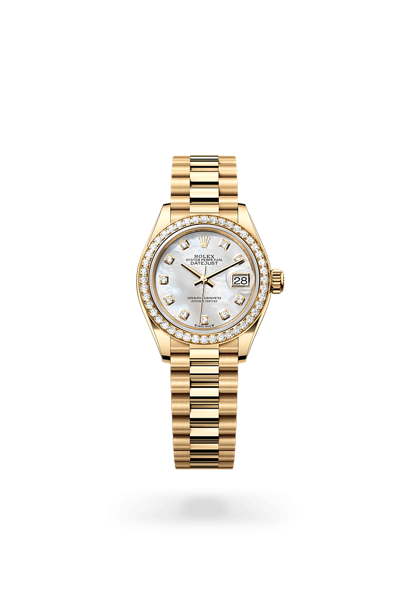 18캐럿 옐로우 골드 소재의 롤렉스 LADY-DATEJUST 정면, M279138RBR-0015 - 그리니치