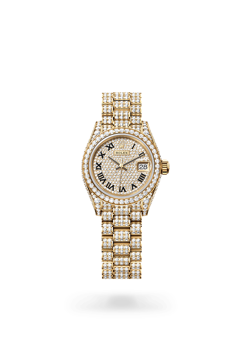 rolex LADY-DATEJUST front view in 18 ct yellow gold with case sides and lugs set with diamonds, M279458RBR-0001 - Greenwich